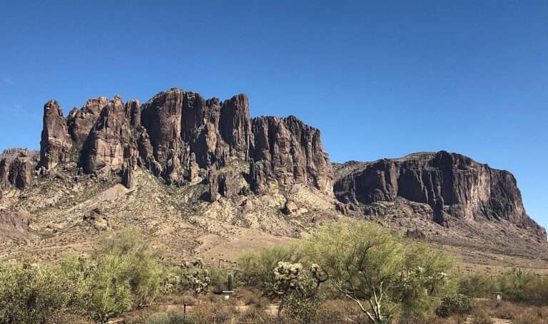 The Superstition Mountains rising behind palo verde and cholla at Lost Dutchman State Park
